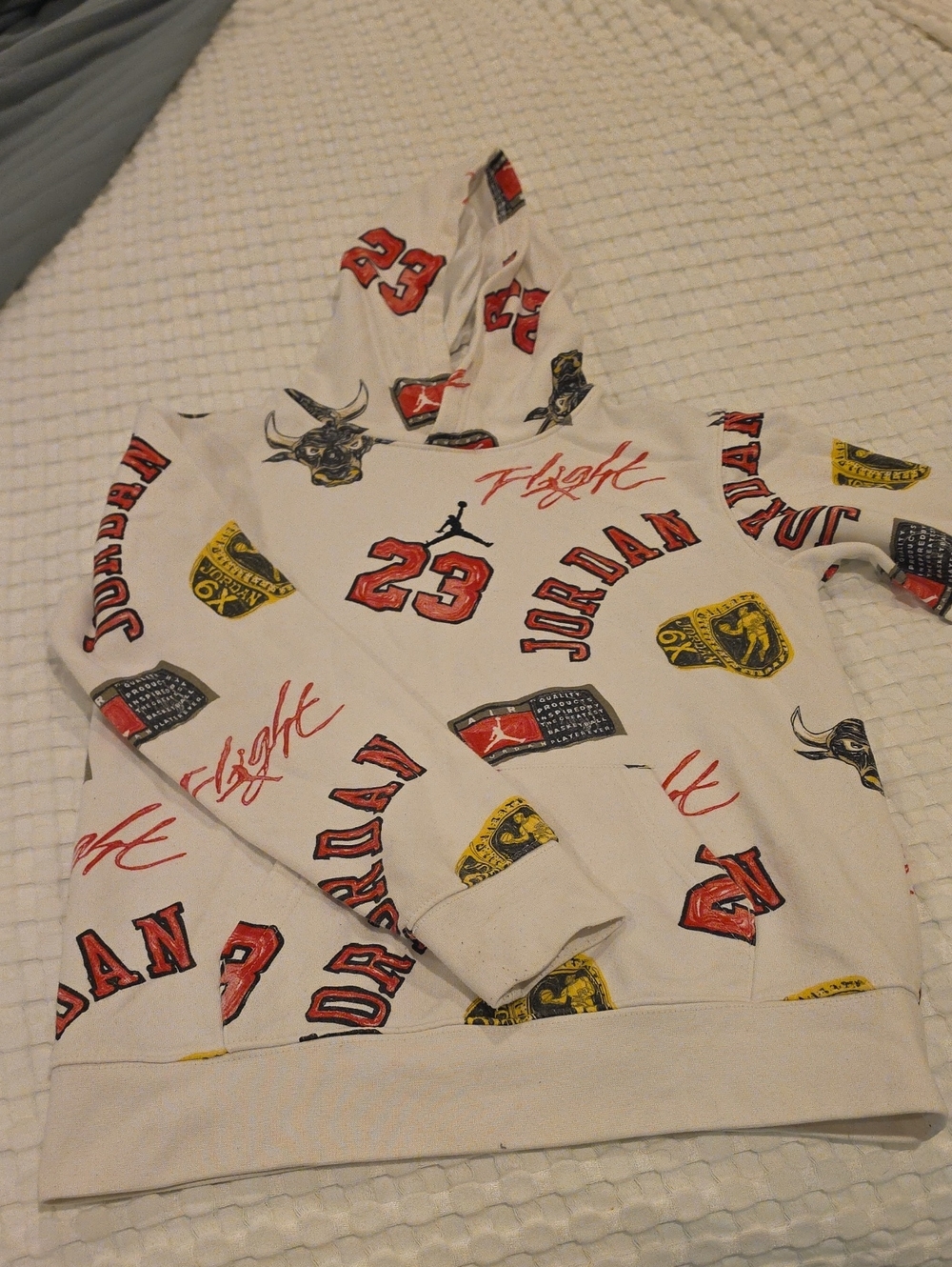 Jordan White Pullover Hoodie with Red & Yellow Graphics